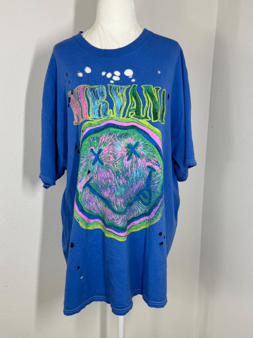 U/O Nirvana T Shirt Oversized Distressed Blue Sz S/M Nevermind Double Sided